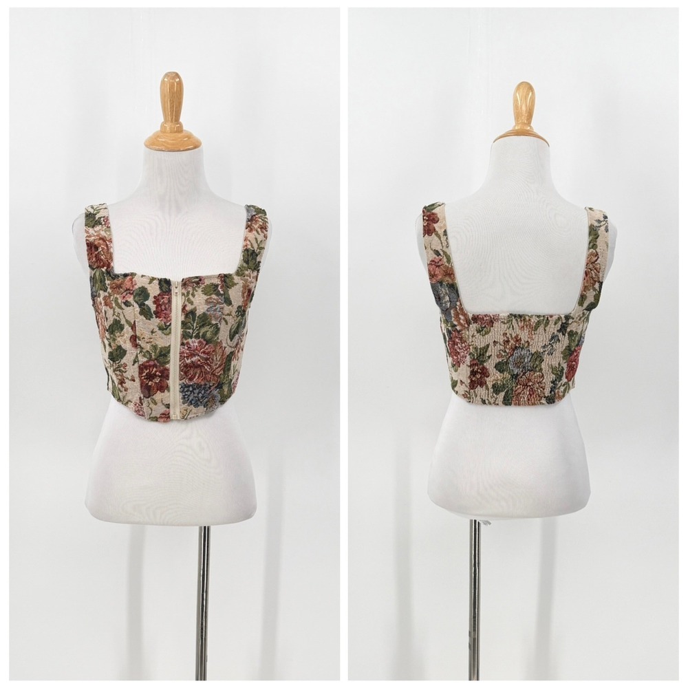 SOFIE THE LABEL Corset Top Women S Beige Floral Tapestry Needlepoint Zip Front